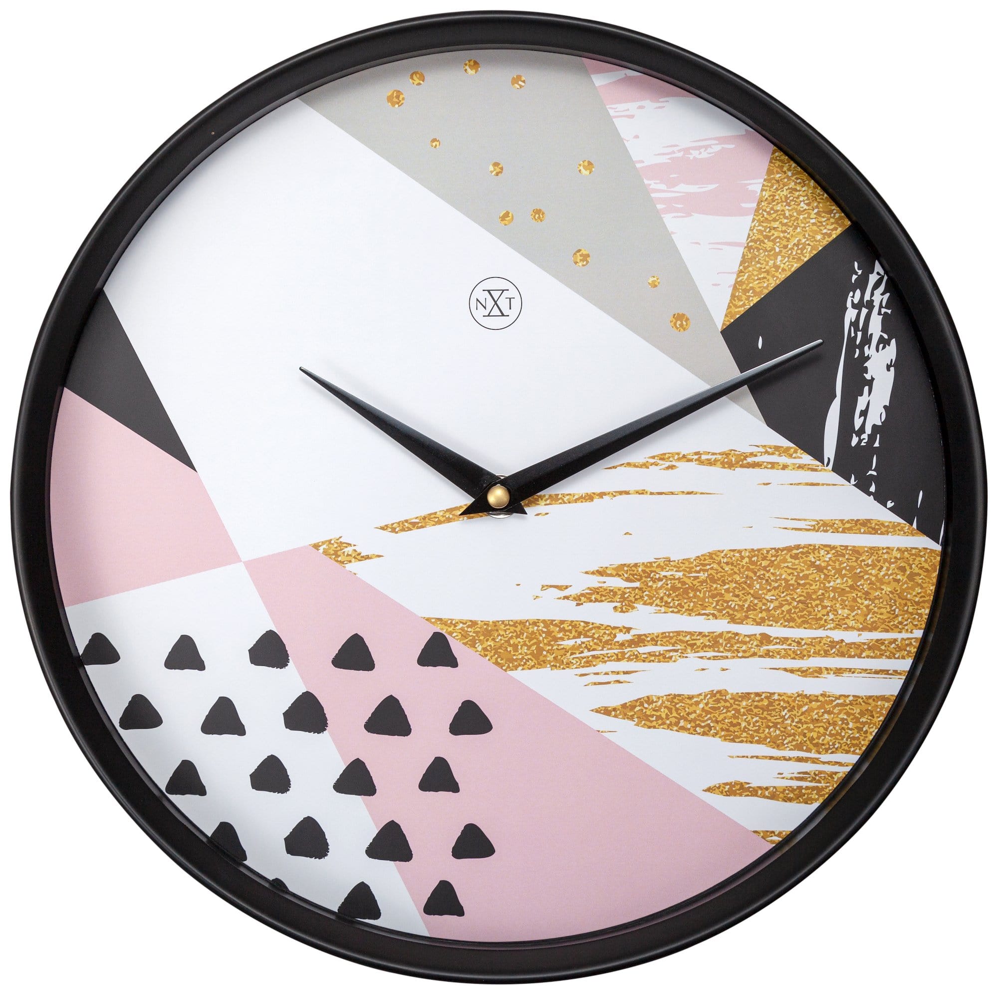 NeXtime Clocks Grace wall clock, 30 cm plastic design with black hands and minimalist white face, hangs on a wall.